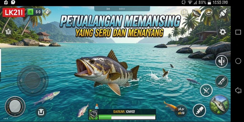 Screenshot gameplay LK21 menampilkan aksi memancing yang seru dan penuh warna.