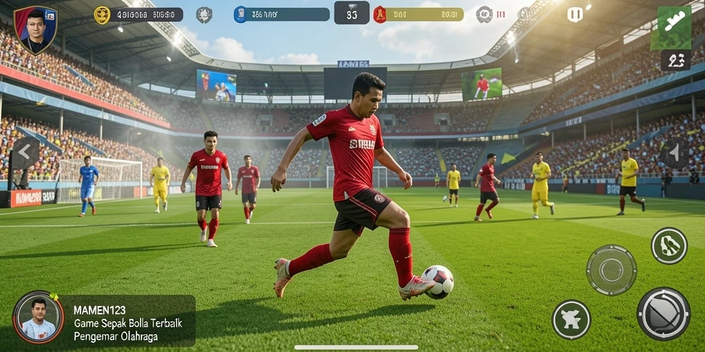 Screenshot gameplay menunjukkan aksi seru dalam pertandingan sepak bola.