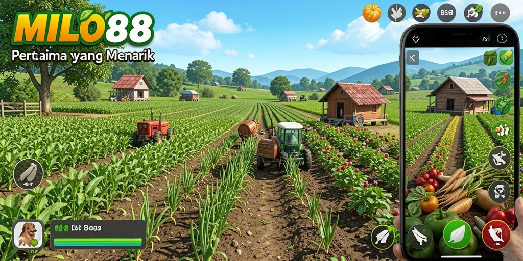 Tangkapan layar gameplay <strong>MILO88</strong> menunjukkan ladang yang subur dan hewan ternak yang bahagia.