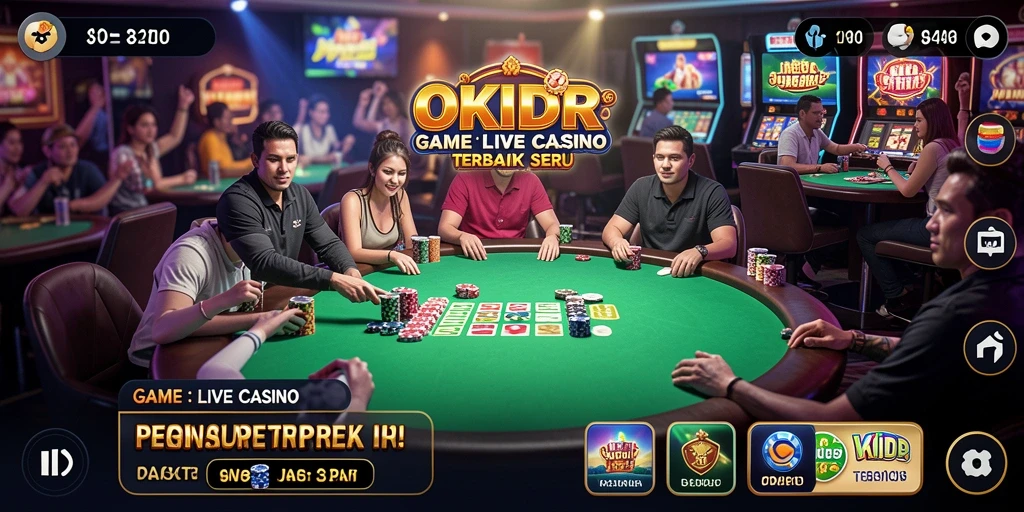 Screenshot gameplay OKIDR menampilkan dealer langsung dan suasana kasino yang mendebarkan.