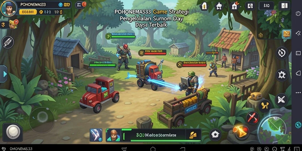 Screenshot gameplay POHONEMAS33 menampilkan pertempuran strategi yang intens.