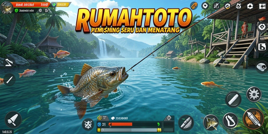 Screenshot gameplay RUMAHTOTO dengan aksi memancing yang seru.