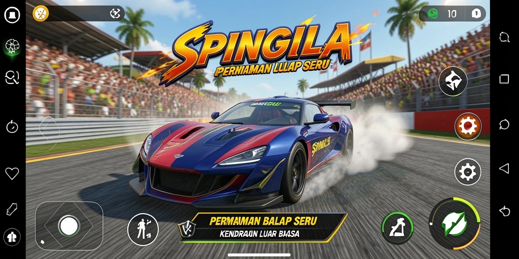 Tampilan gameplay SPINGILA dengan kendaraan balap yang mengesankan.