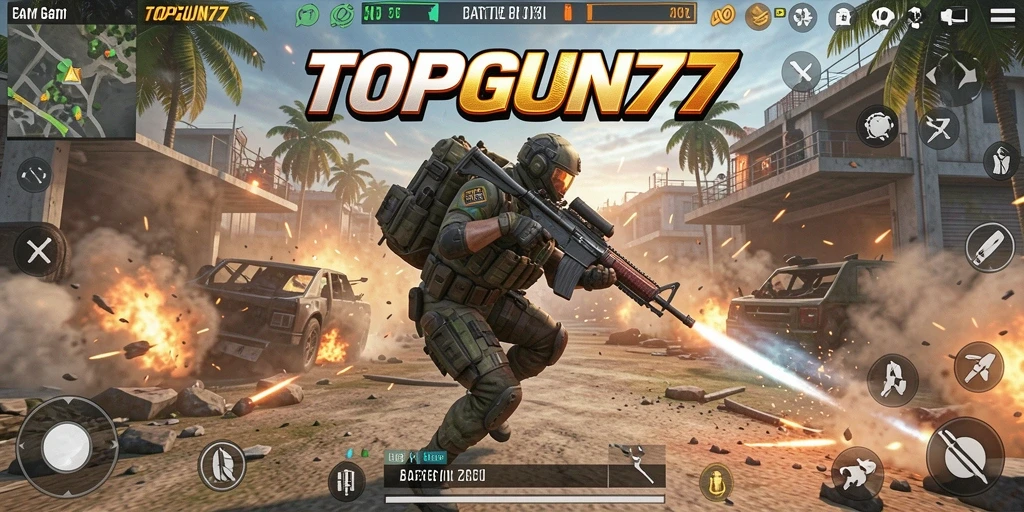 Screenshot gameplay menampilkan aksi seru dalam TOPGUN77 Battle Royale.